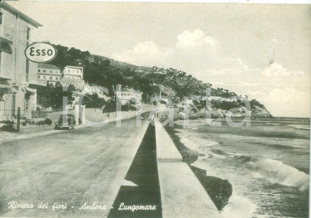 Cartolina originale da collezione 1959 ANDORA SV Lungomare con benzinaio ESSO Cartolina FG VG 1