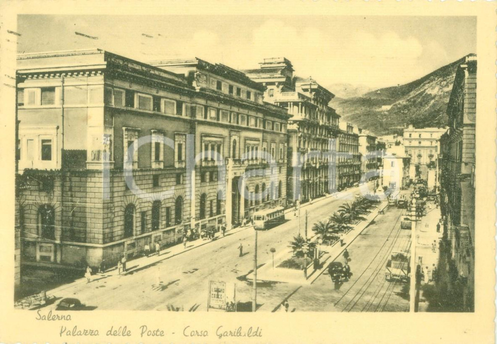 Cartolina originale da collezione 1950 SALERNO Tram in Corso GARIBALDI Palazzo delle Poste Cartolina postale FG VG 1
