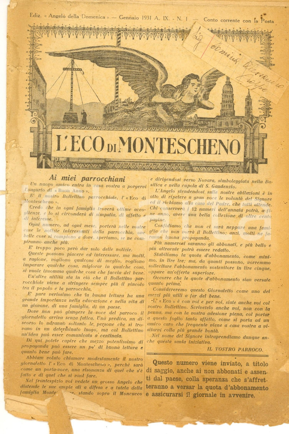 Giornale, rivista storica 1931 L ECO DI MONTESCHENO Notizie religiose Anno IX nÂ° 1 DANNEGGIATO 1