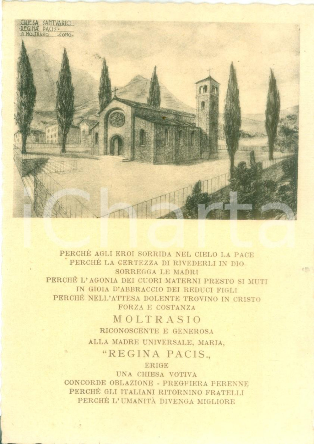 Cartolina originale da collezione 1946 MOLTRASIO CO Chiesa santuario Regina Pacis Cartolina ILLUSTRATA FG NV 1