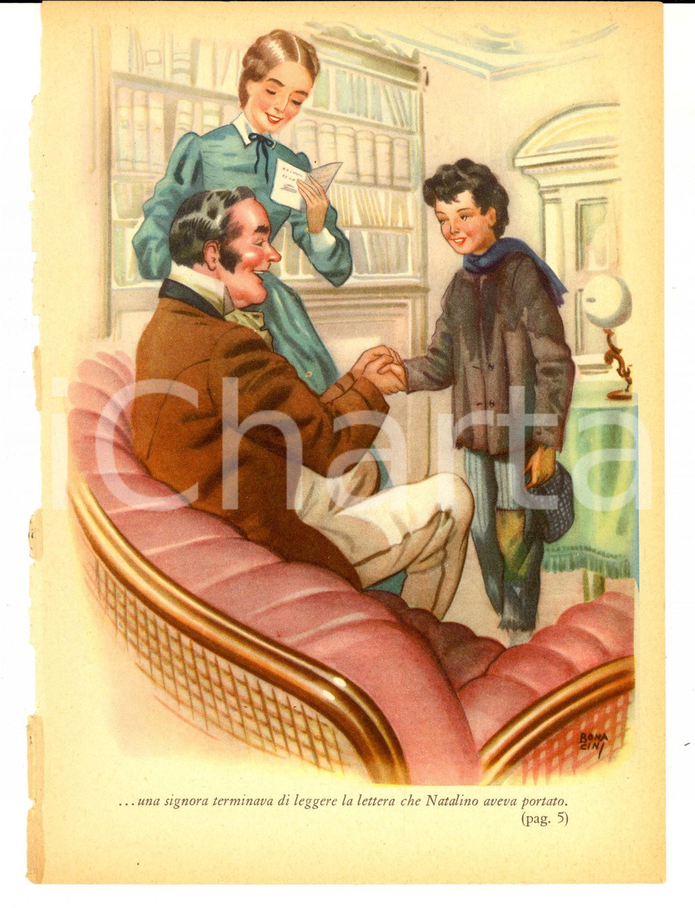 Stampa, bozzetto originale 1950 ca Ill. BONACINI  La lettera di Natalino Stampa da romanzo 16x23 cm 1