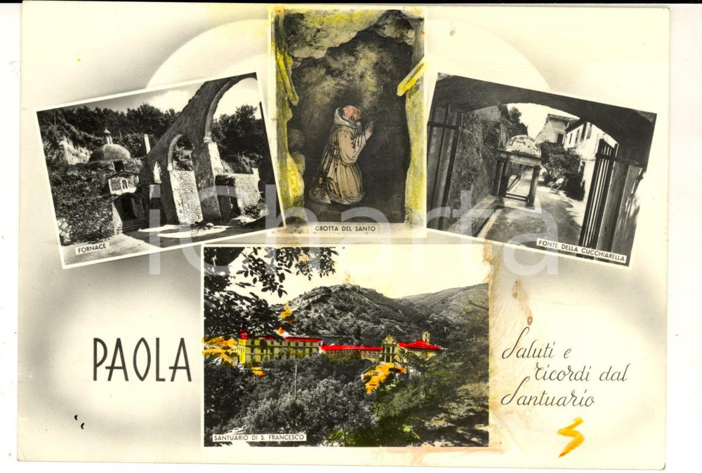 Cartolina originale da collezione 1960 ca PAOLA Vedutine santuario e fonte CUCCHIARELLA Cartolina colorata a mano 1