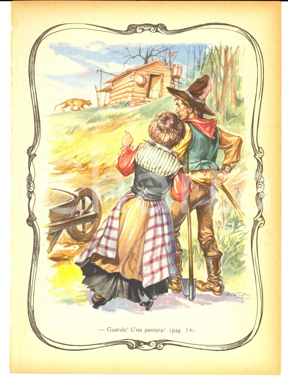 Stampa, bozzetto originale 1956 AVVENTURE DI PECOS BILL Una pantera! Stampa 17x23 ill. CATTANEO 1
