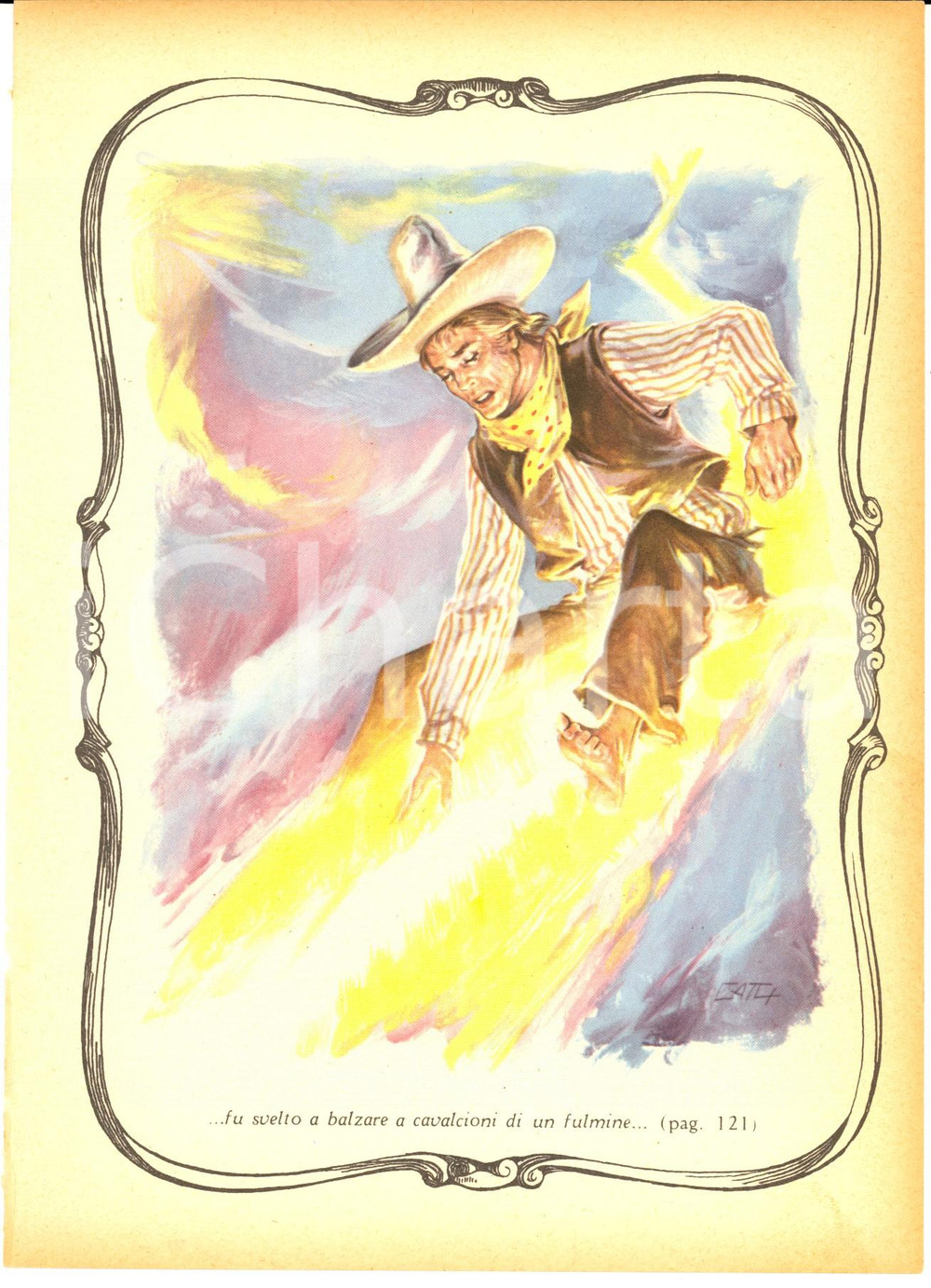 Stampa, bozzetto originale 1956 PECOS BILL A cavalcioni di un fulmine Stampa 17x23 ill. CATTANEO 1