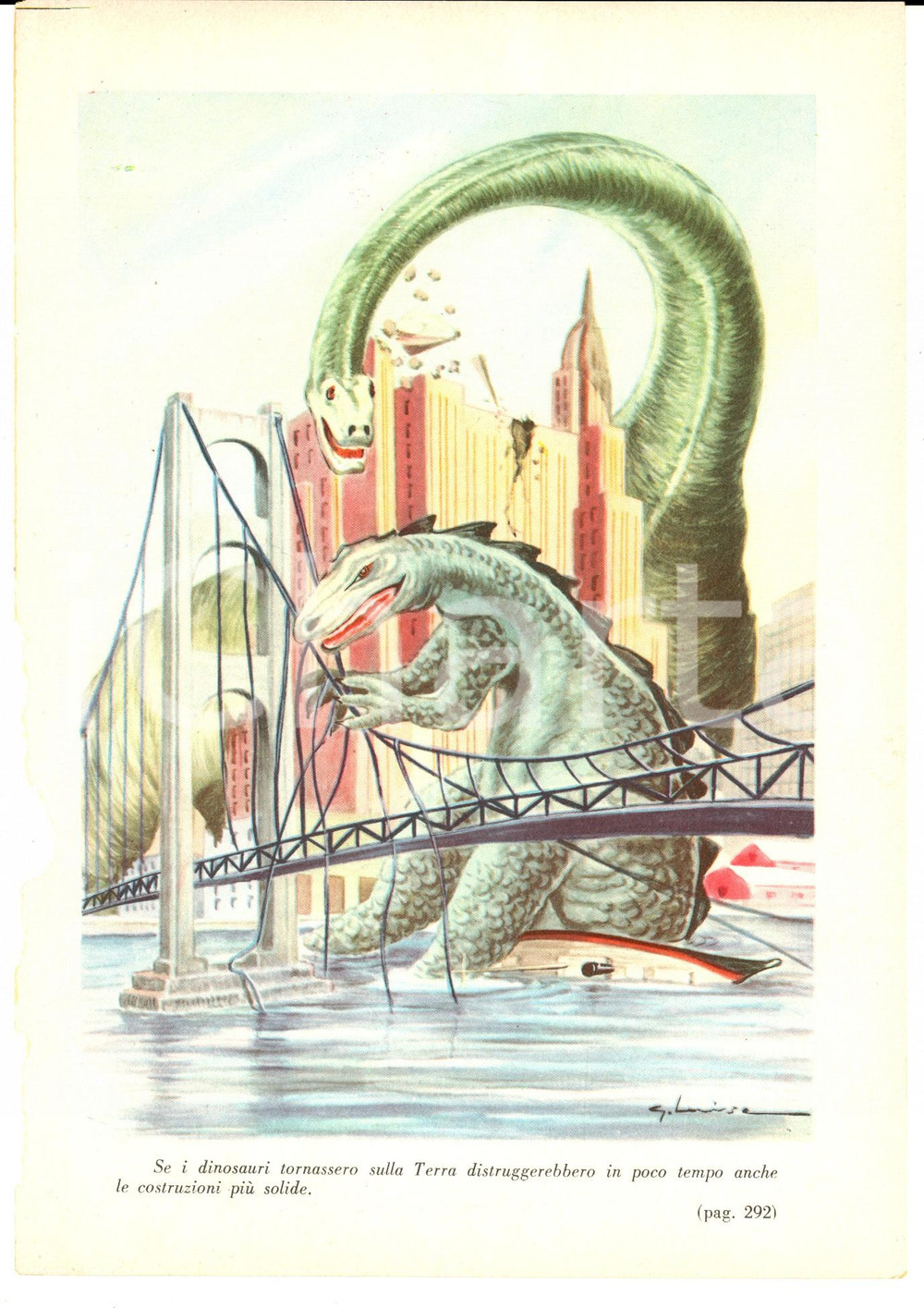 Stampa, bozzetto originale 1950 ca FANTASCIENZA Ill. G. LUISE Ritorno dei dinosauri Stampa 16x23 cm 1