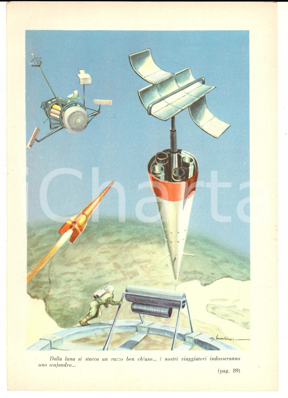 Stampa, bozzetto originale 1950 ca FANTASCIENZA Ill. G. LUISE Viaggiatori sulla Luna Stampa 16x23 cm 1