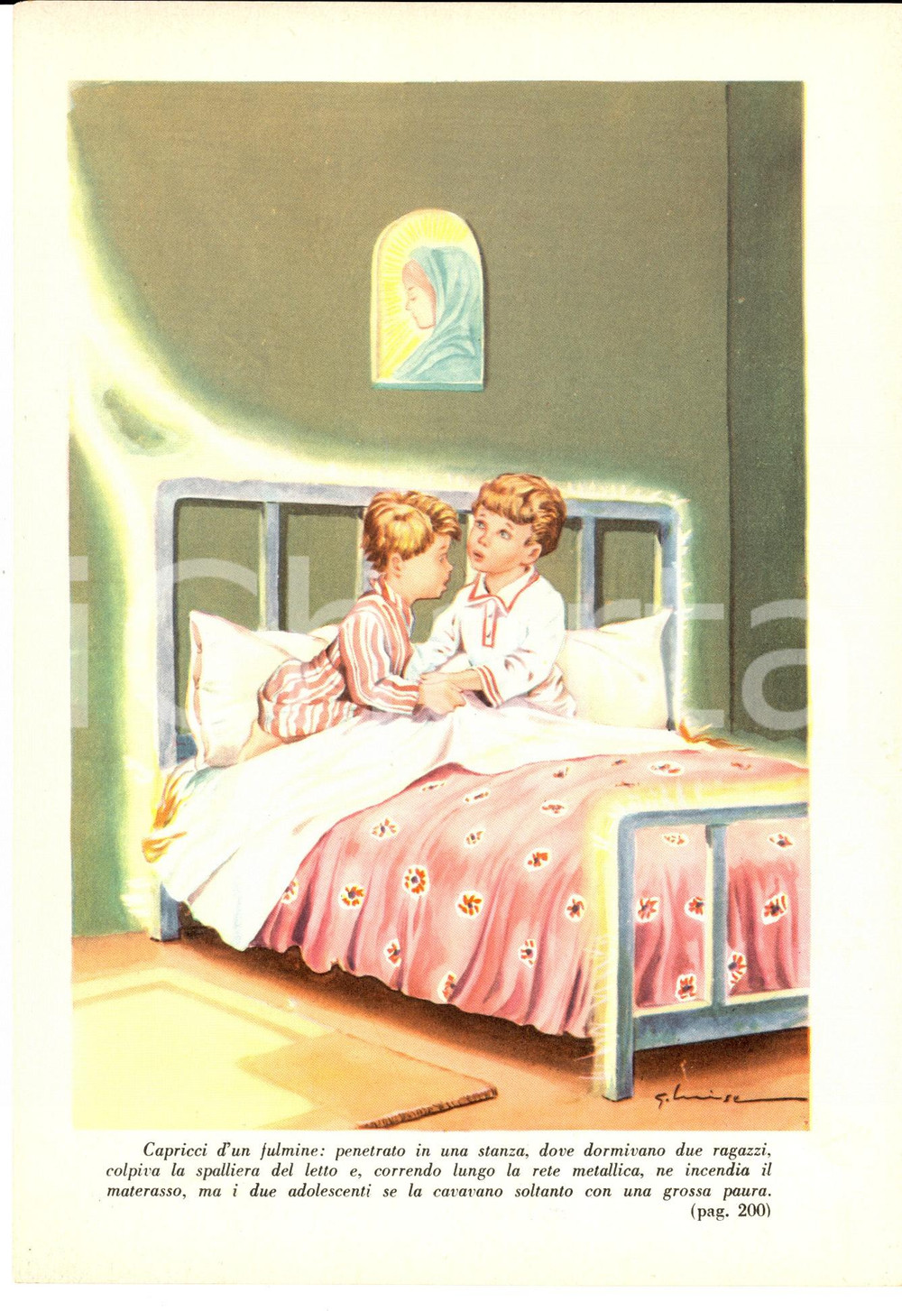 Stampa, bozzetto originale 1950 ca AVVENTURA Ill. G. LUISE Bambini scampati a un fulmine Stampa 16x23 cm 1