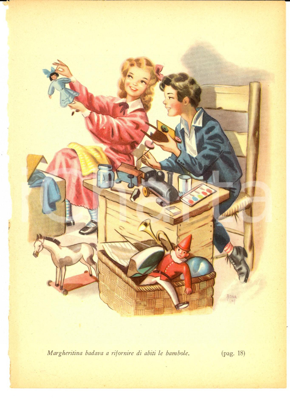 Stampa, bozzetto originale 1950 ca Ill. BONACINI  Margheritina e le bambole Stampa da romanzo 16x23 cm 1