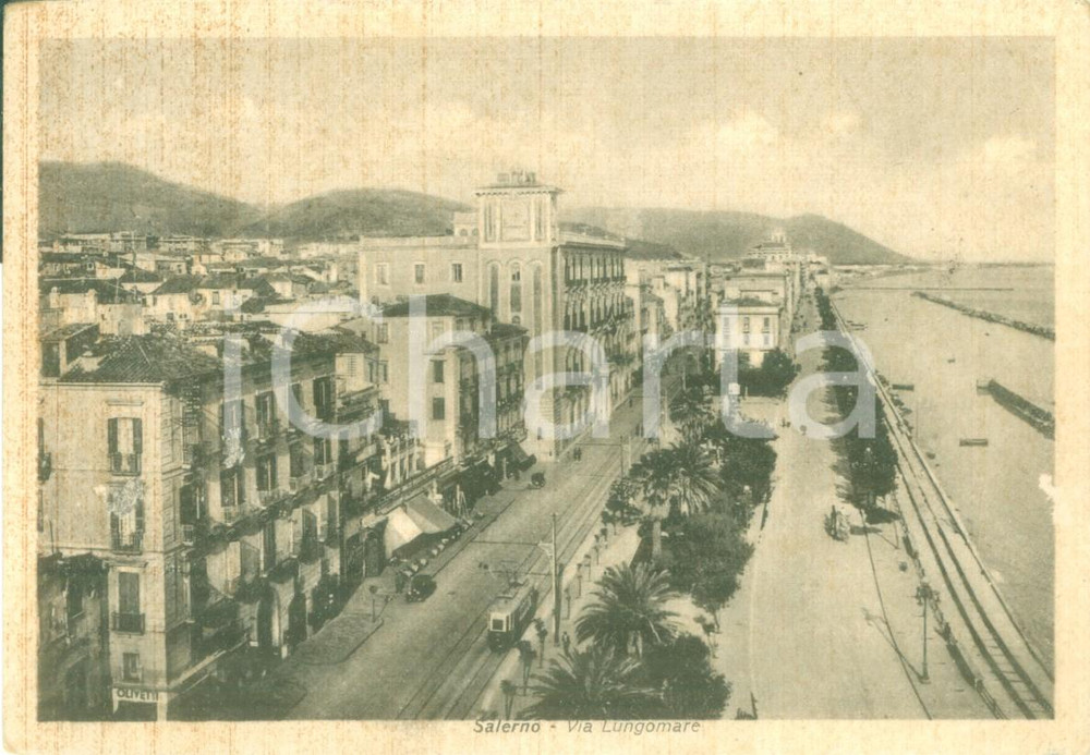 Cartolina originale da collezione 1938 SALERNO Veduta aerea del lungomare con tram Cartolina FG VG 1