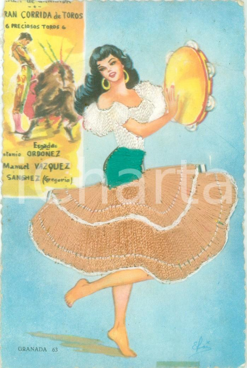 Cartolina originale da collezione 1963 GRANADA SPAGNA Ballerina alla Corrida Cartolina con vero tessuto FP NV 1