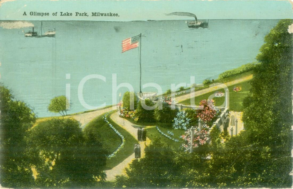 Cartolina originale da collezione 1922 MILWAUKEE, WISCONSIN USA Battelli a vapore sul Lake Park Cartolina FP VG 1