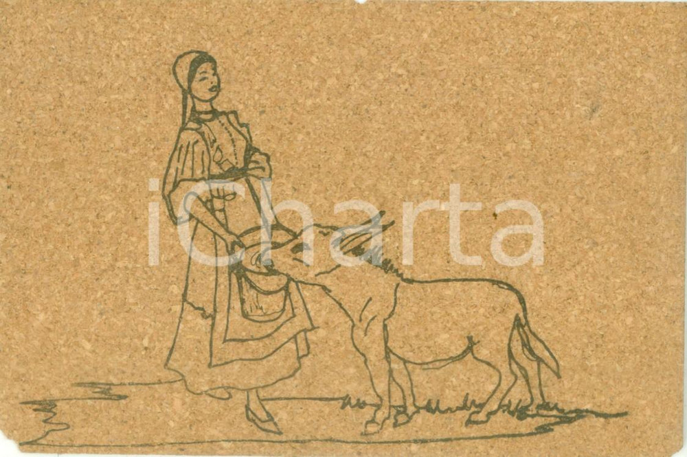 Cartolina originale da collezione 1955 ca CALANGIANUS SS Pastorella con asinello Cartolina di sughero FP VG 1