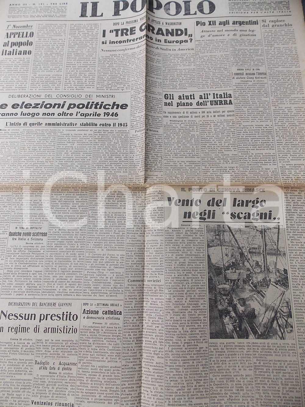 Giornale, rivista storica Ottobre 1945 IL POPOLO Aiuti all Italia nel piano dell UNRRA Giornale DC n° 181 1