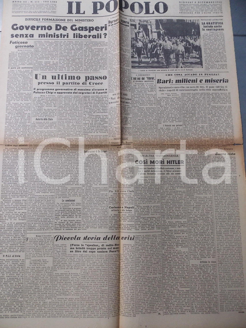 Giornale, rivista storica Dicembre 1945 IL POPOLO Speculatori a Bari e Puglia in miseria Giornale DC 1