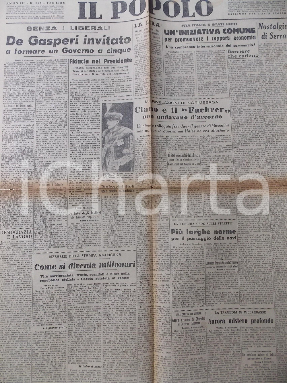 Giornale, rivista storica 1945 IL POPOLO DE GASPERI invitato a governare senza liberali Giornale DC 1