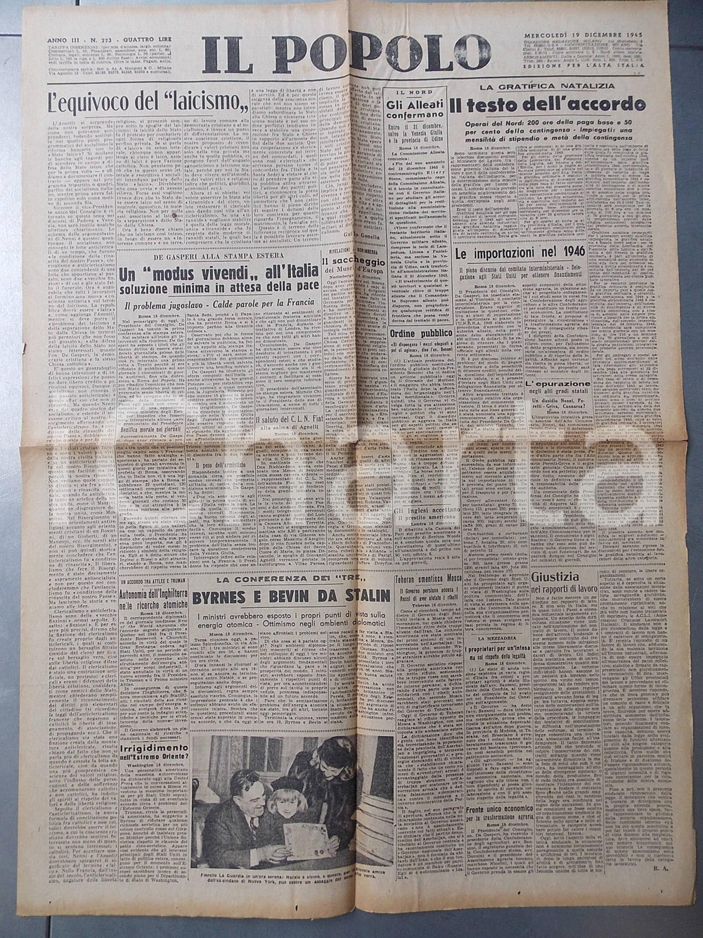 Giornale, rivista storica Dicembre 1945 IL POPOLO Lavoro  Accordo su gratifica natalizia Giornale DC 1