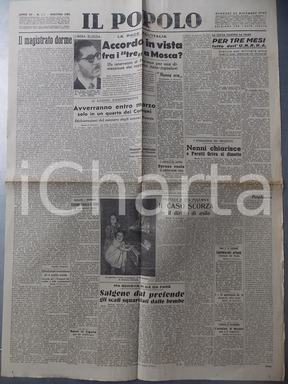 Giornale, rivista storica Dicembre 1945 IL POPOLO Aiuti dall UNRRA contro la fame in Italia Giornale DC 1