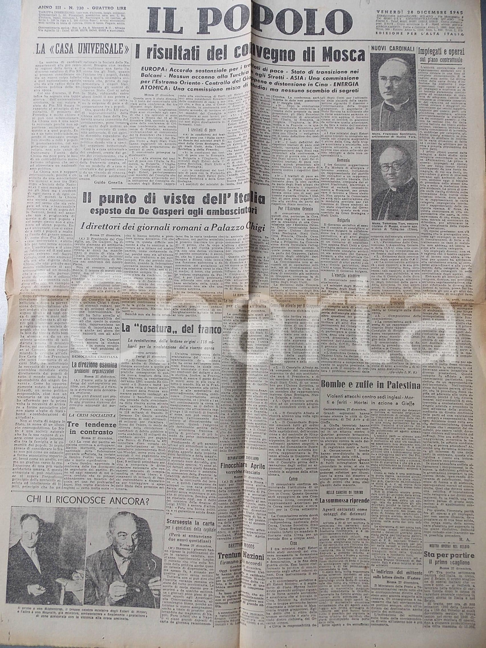 Giornale, rivista storica Dicembre 1945 IL POPOLO I risultati del convegno di Mosca Giornale DC 1