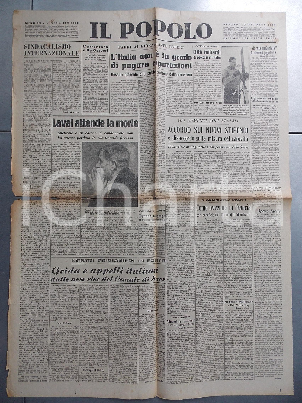 Giornale, rivista storica Ottobre 1945 IL POPOLO Pierre LAVAL condannato a morte Giornale DC nÂ° 165 1