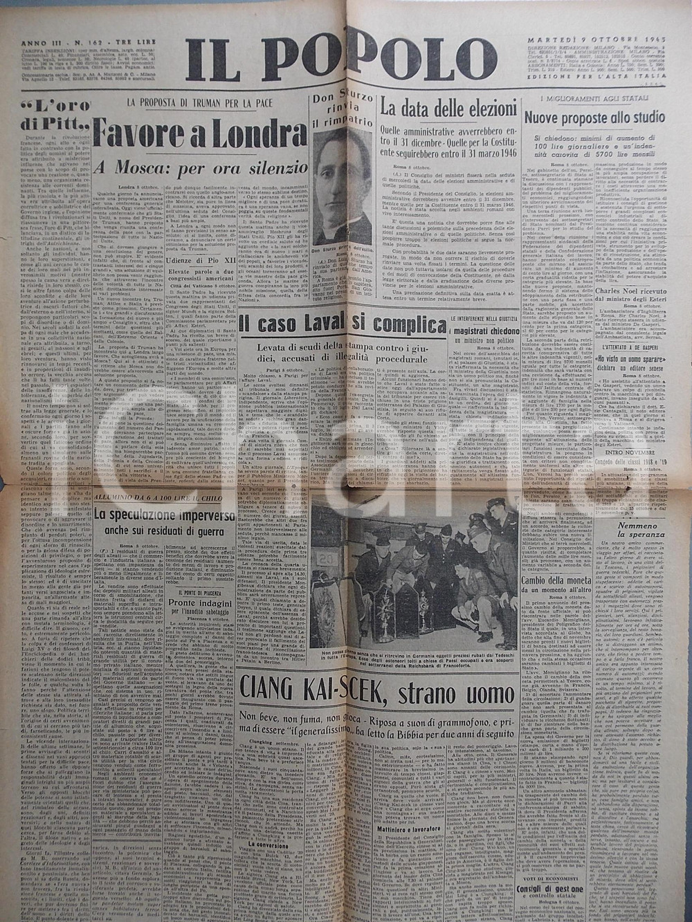 Giornale, rivista storica Ottobre 1945 IL POPOLO Proposta di Harry TRUMAN per la pace Giornale DC 1