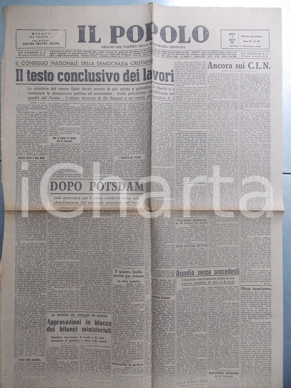 Giornale, rivista storica Agosto 1945 IL POPOLO Consiglio Nazionale Democrazia Cristiana Giornale DC 1