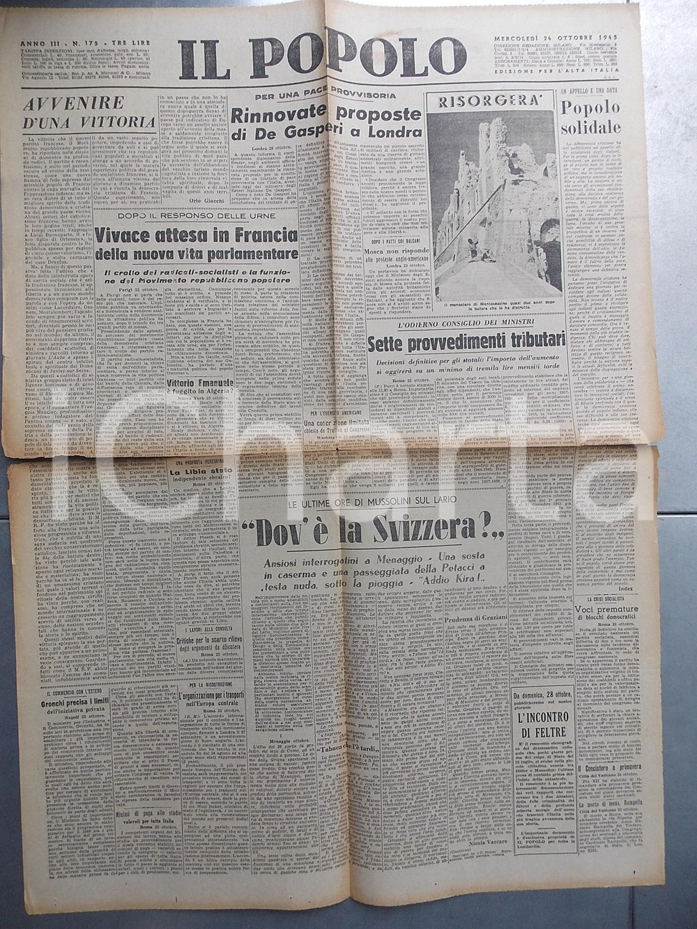 Giornale, rivista storica Ottobre 1945 IL POPOLO Le ultime ore di Mussolini sul Lario Giornale DC 1