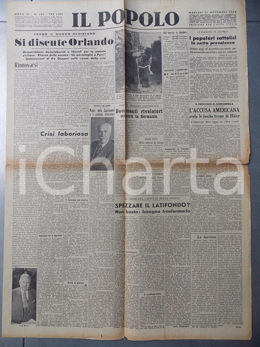 Giornale, rivista storica Novembre 1945 IL POPOLO Il problema del latifondo in PUGLIA  Giornale DC 1