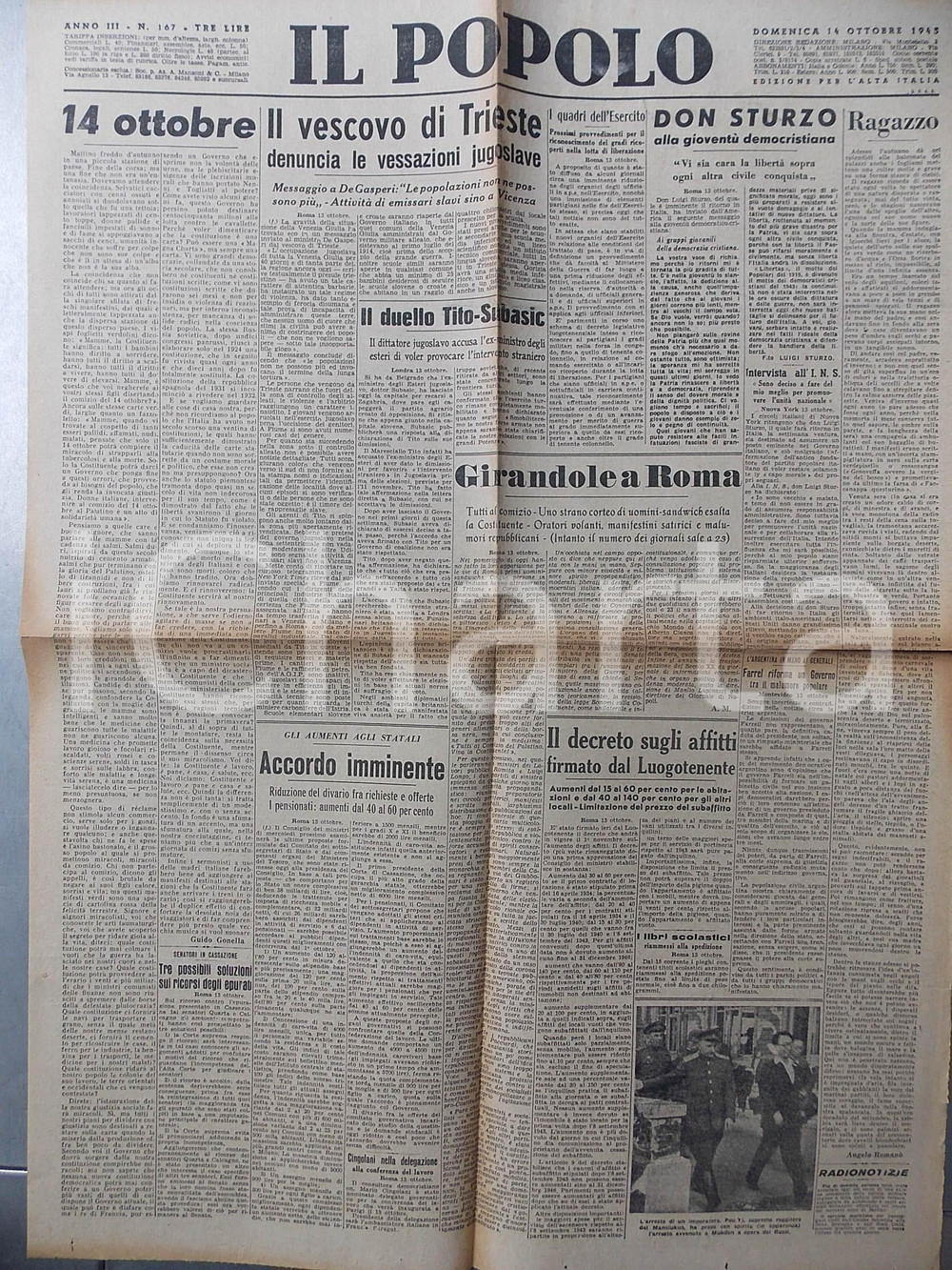 Giornale, rivista storica Ottobre 1945 IL POPOLO Vescovo Trieste denuncia violenze jugoslave Giornale DC 1