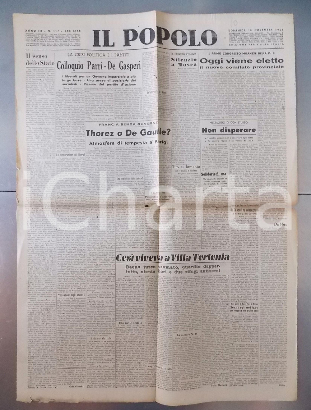 Giornale, rivista storica Novembre 1945 IL POPOLO Come viveva Mussolini a Villa Torlonia Giornale DC 1
