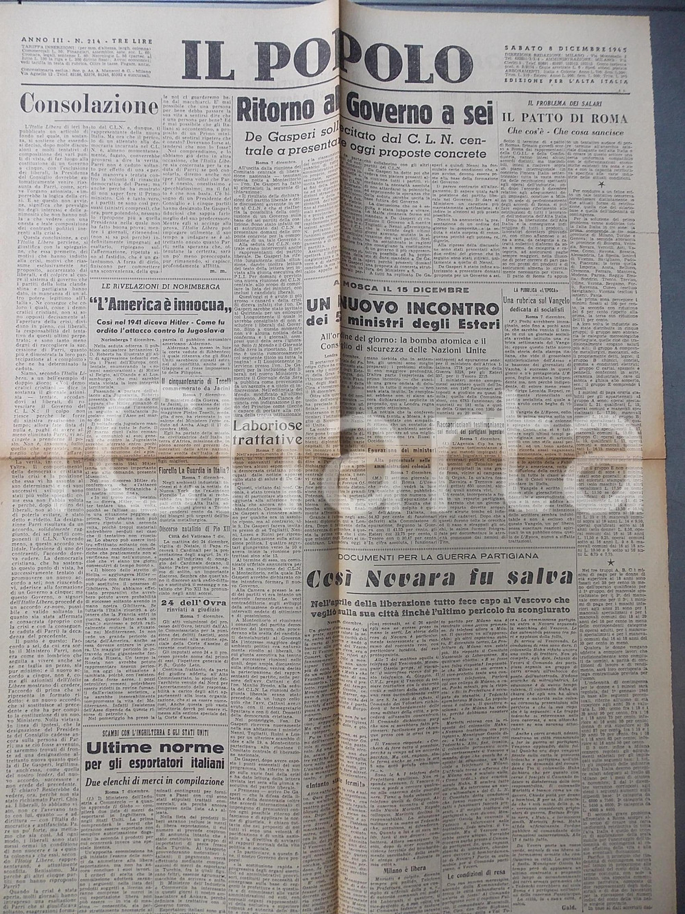 Giornale, rivista storica Dicembre 1945 IL POPOLO Patto di Roma con la CGIL per i salari Giornale DC 1