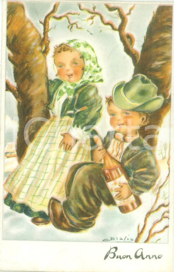Cartolina originale da collezione 1955 ca BUON ANNO Piccoli montanari festeggiano Capodanno Cartolina ILLUSTRATA 1