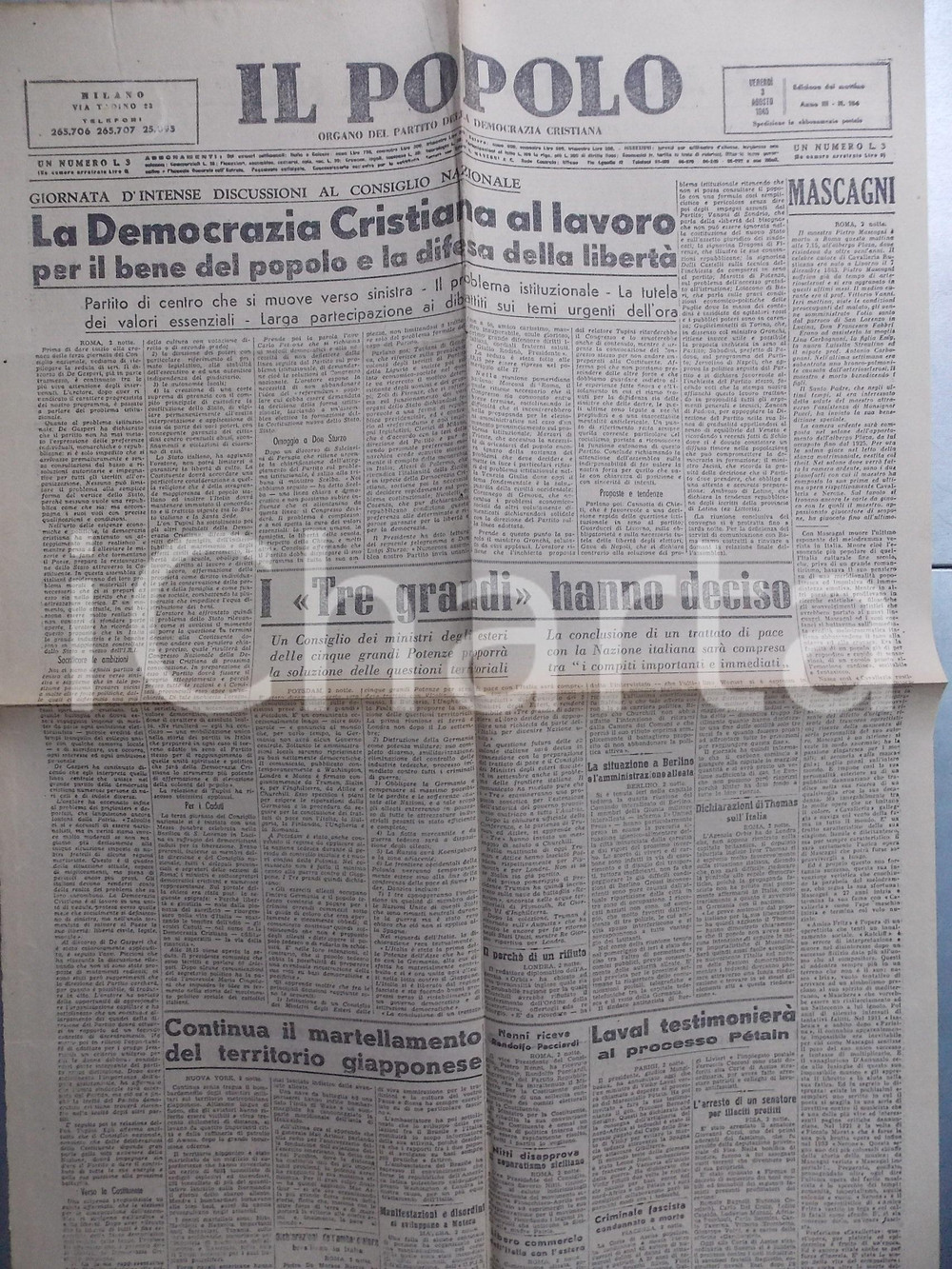 Giornale, rivista storica Agosto 1945 IL POPOLO Morte di Pietro MASCAGNI Giornale DC anno 3 nÂ° 106 1