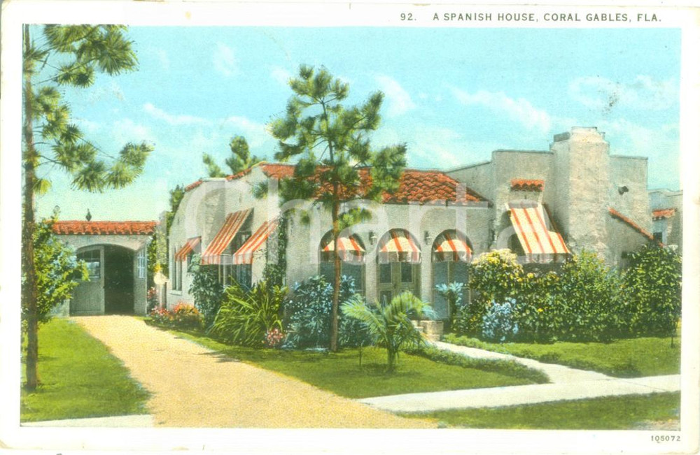 Cartolina originale da collezione 1926 CORAL GABLES, FLORIDA USA Una casa in stile spagnolo Cartolina FP VG 1