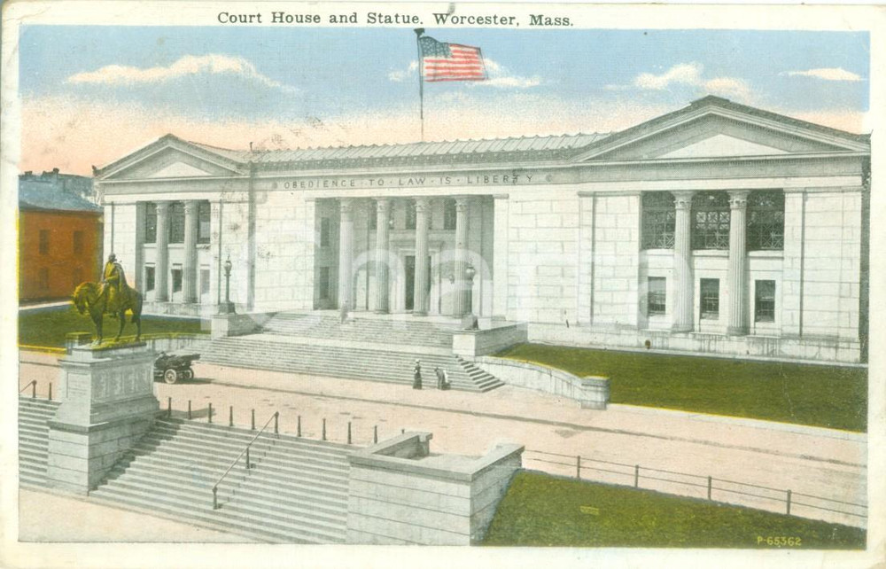 Cartolina originale da collezione 1923 WORCESTER USA Court House and Statue Cartolina FP VG 1