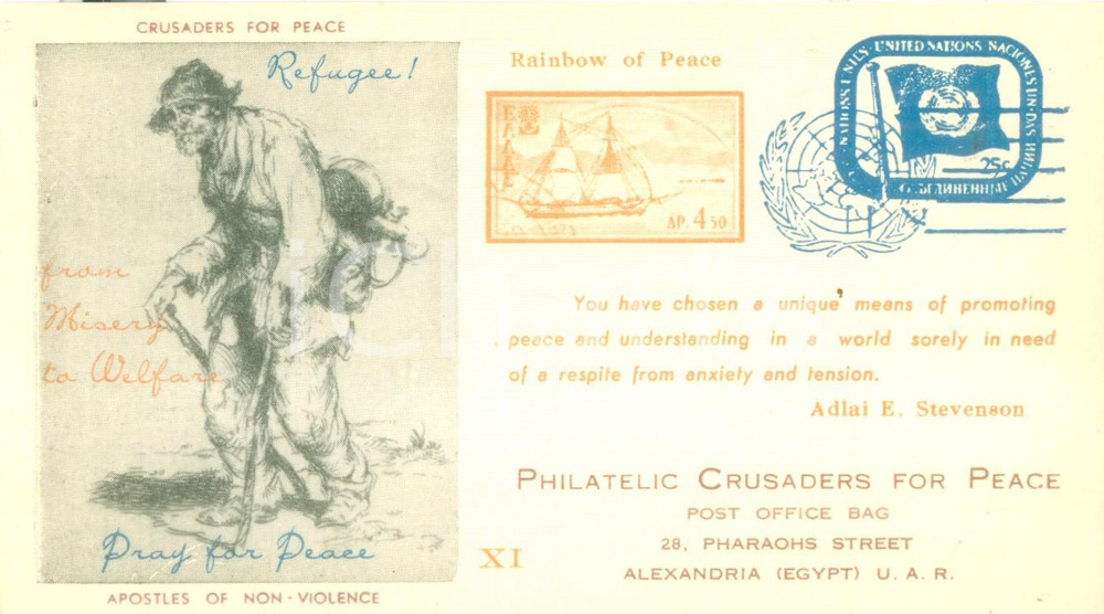 Cartolina originale da collezione 1965 PHILATELIC CRUSADERS FOR PEACE Preserve St. Peter in NUBIA Cartolina FG NV 1