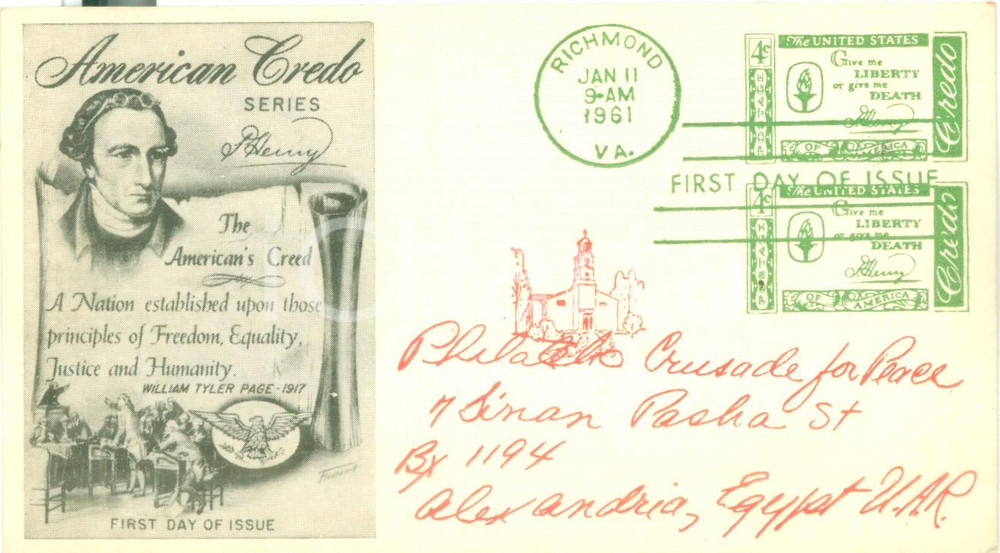 Cartolina originale da collezione 1961 PHILATELIC CRUSADERS FOR PEACE American Credo Series Cartolina FG NV 1