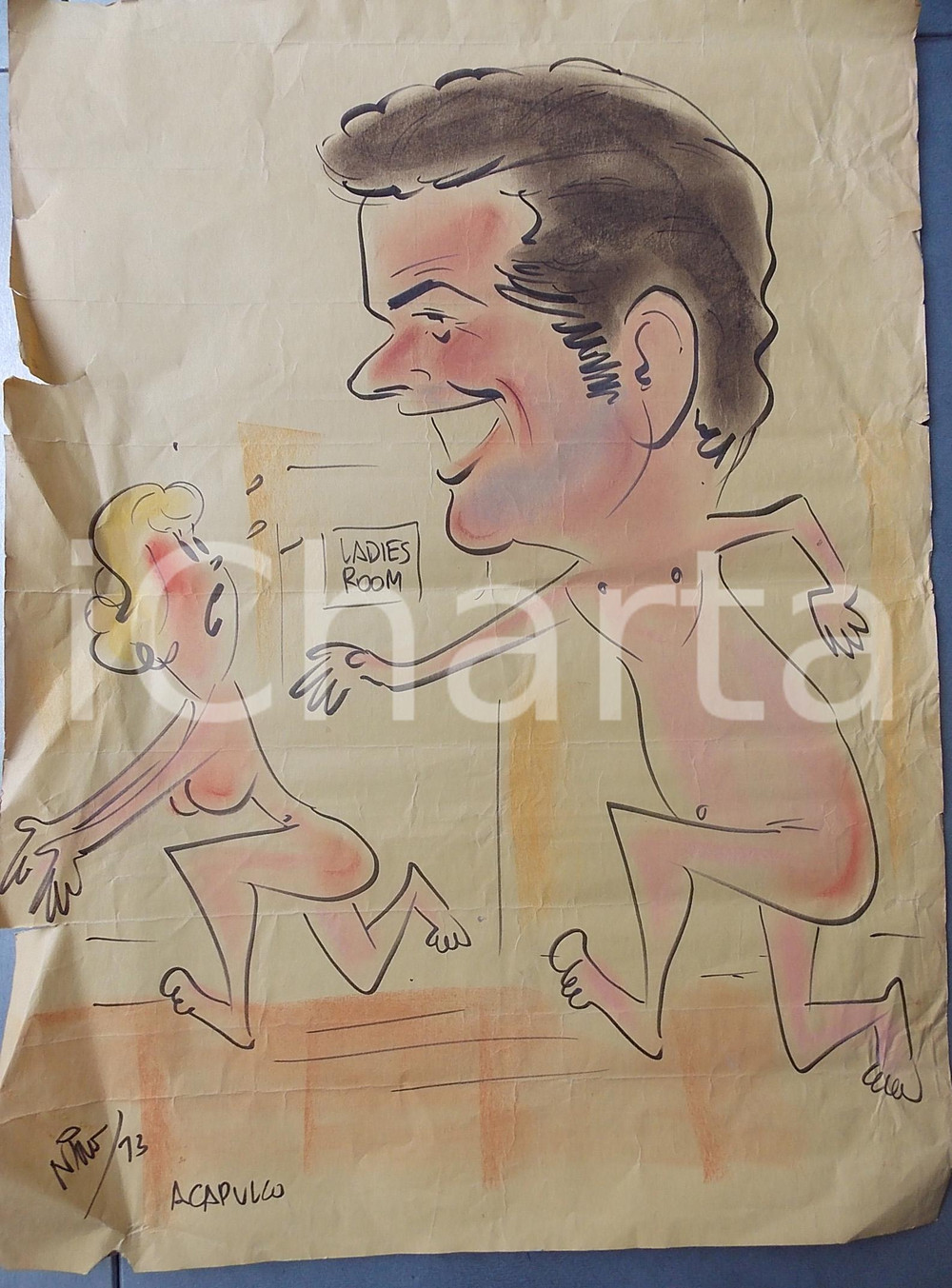 Stampa, bozzetto originale 1970 ca SATIRA All inseguimento di una donna nuda Manifesto ill. ACAPULCO 1