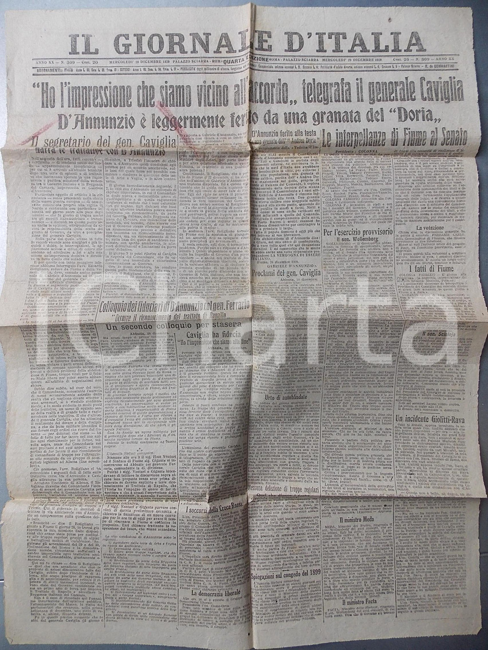 Giornale, rivista storica 1920 IL GIORNALE D ITALIA Gabriele D ANNUNZIO ferito a Fiume Anno XX nÂ° 309 1