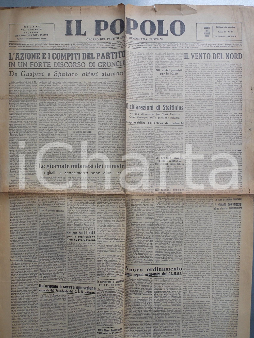 Giornale, rivista storica 1945 IL POPOLO Discorso di GRONCHI per l azione del partito Giornale DC 1