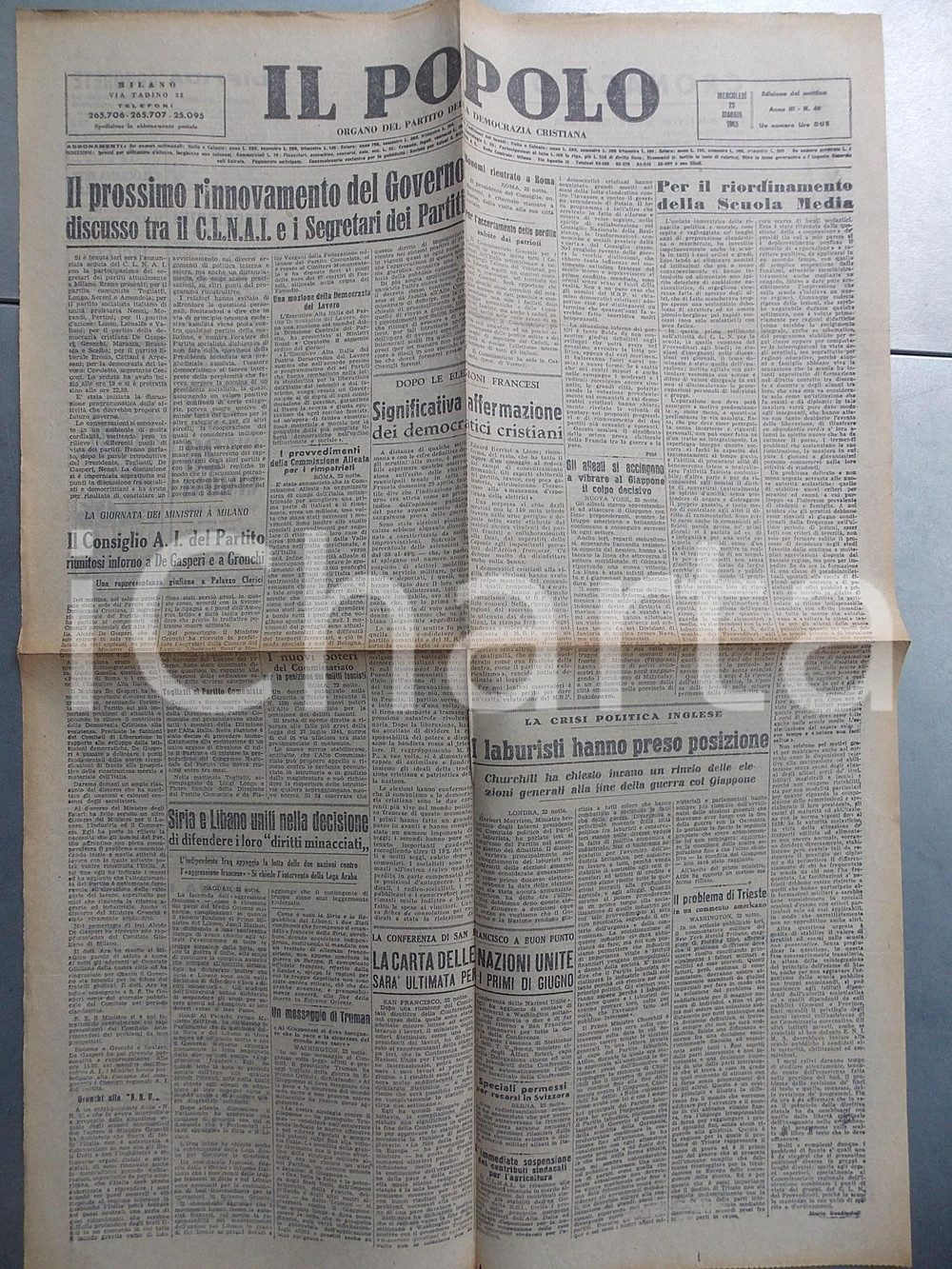 Giornale, rivista storica Maggio 1945 IL POPOLO CLNAI e i partiti discutono il nuovo governo Giornale DC 1
