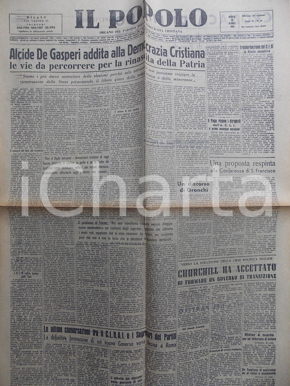 Giornale, rivista storica Maggio 1945 IL POPOLO Alcide DE GASPERI e la rinascita della patria Giornale DC 1