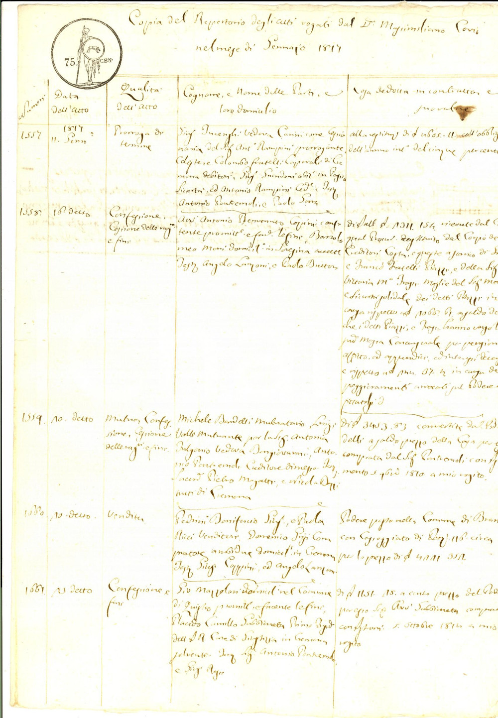 Documento originale, autentico Gennaio 1817 CREMONA Estratto repertorio atti notaio Massimiliano CORIO 1