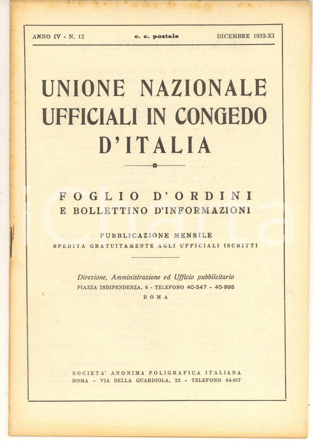 Giornale, rivista storica 1932 U.N.U.C.I. FOGLIO D ORDINI Viaggi degli Ufficiali per il 1933 Rivista 1