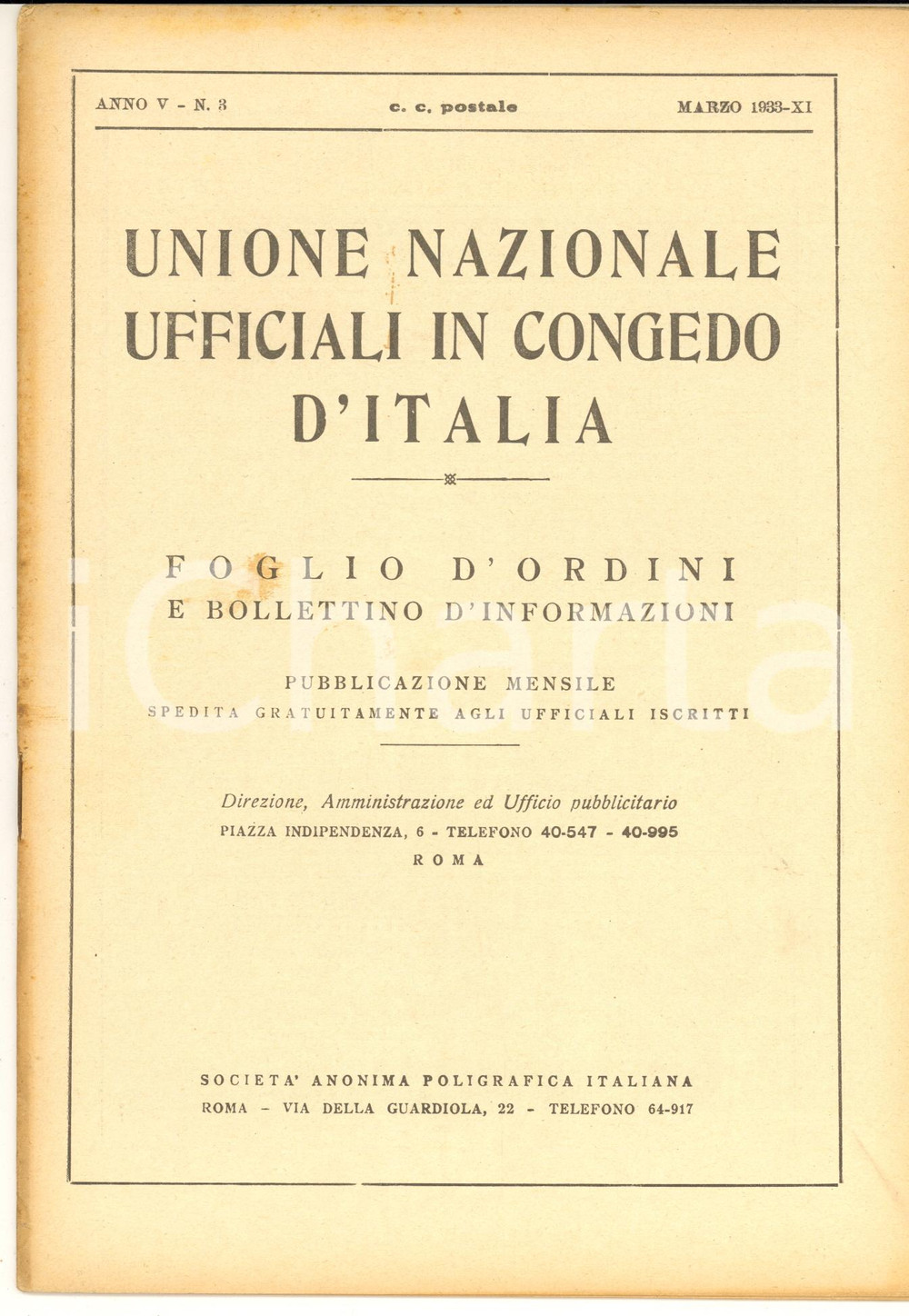 Giornale, rivista storica 1933 U.N.U.C.I. FOGLIO D ORDINI Attività dei gruppi ufficiali all estero Rivista 1