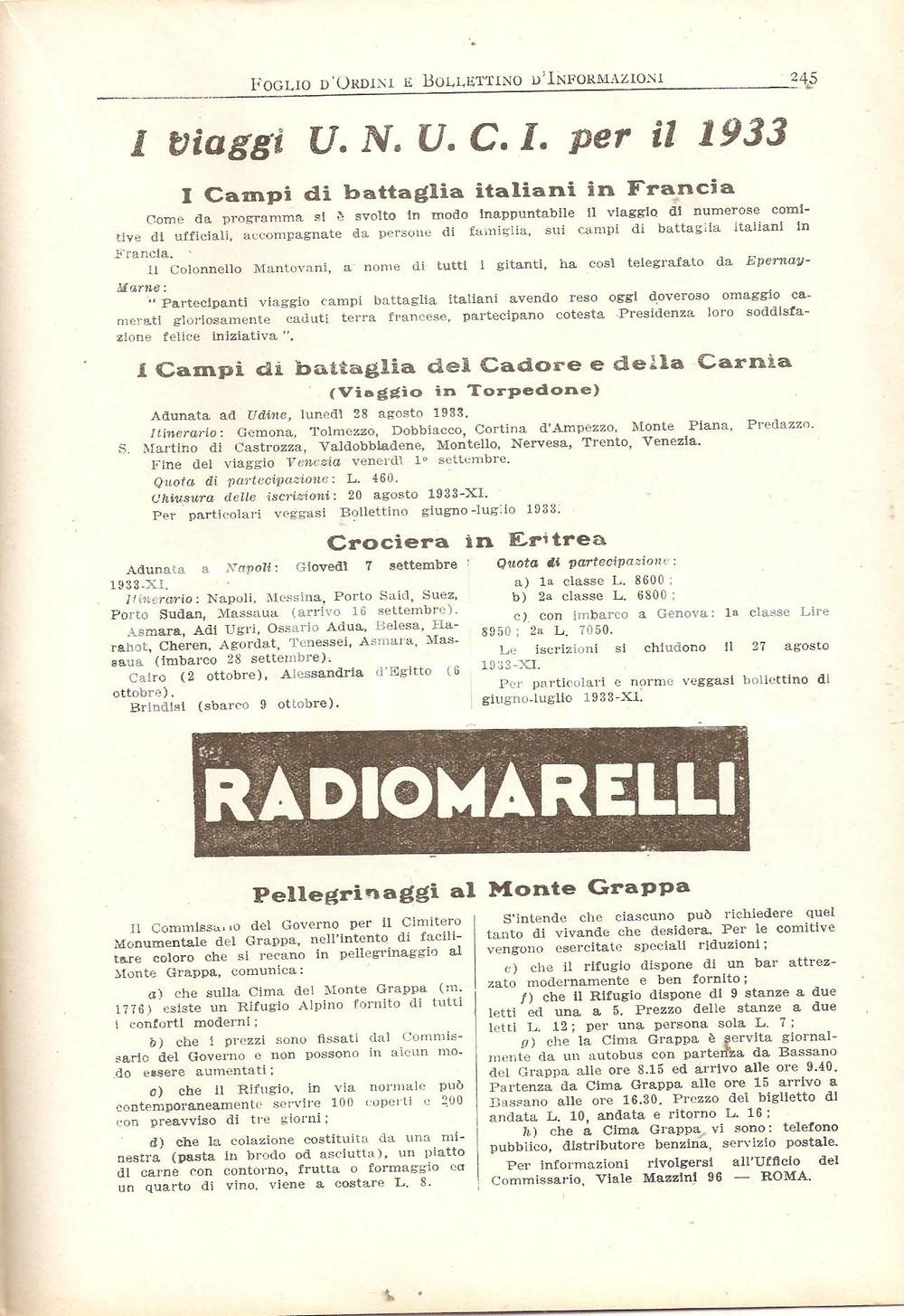 Documento originale, autentico 1933 U.N.U.C.I. FOGLIO D ORDINI AttivitÃ  dei Gruppi e delle Sezioni Rivista 1
