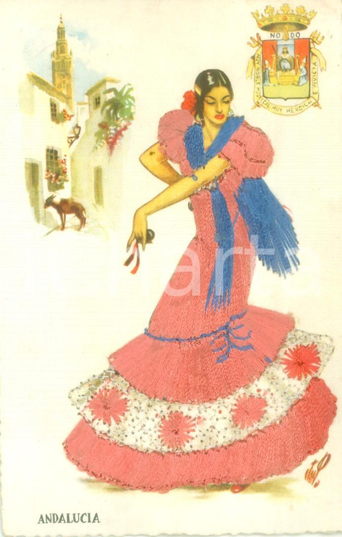Cartolina originale da collezione 1965 ANDALUCIA Ballerina di flamenco Cartolina con vero tessuto FP NV 1