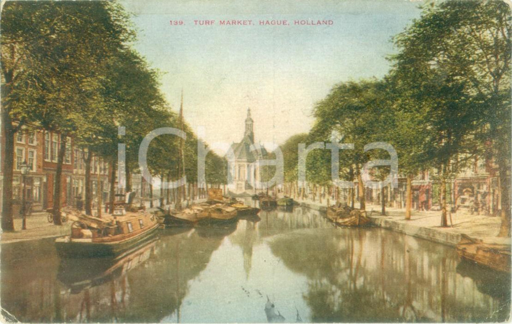 Cartolina originale da collezione 1913 DEN HAAG OLANDA Veduta del mercato fluviale Cartolina postale FP VG 1