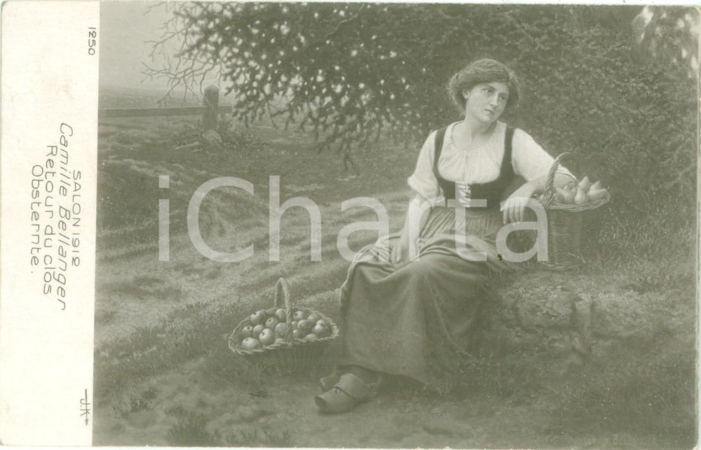 Cartolina originale da collezione 1912 PARIS SALON Camille BELLANGER Retour du clos Obsternte Cartolina FP VG 1