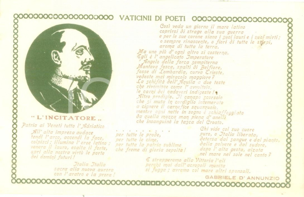 Cartolina originale da collezione 1935 ca VATICINII DI POETI Gabriele D ANNUNZIO L incitatore Cartolina FP NV 1