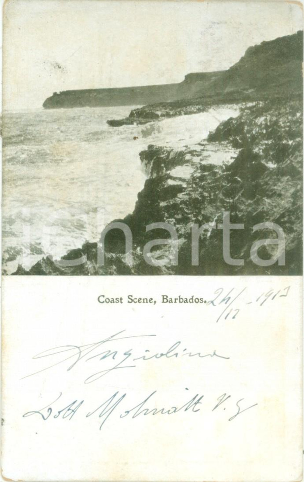 Cartolina originale da collezione 1914 BARBADOS Veduta della costa con gli scogli Cartolina FP VG 1